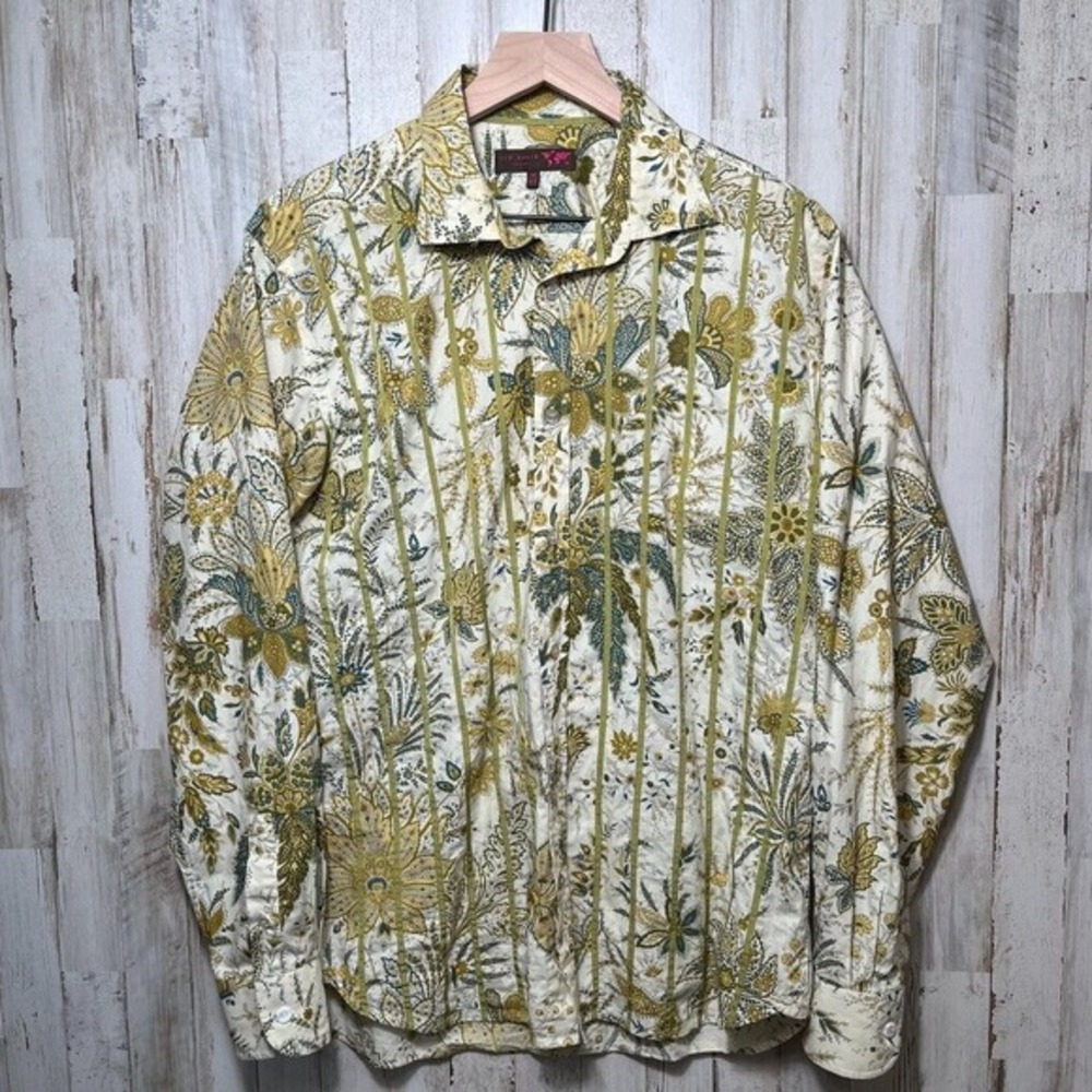 Ted Baker Long Sleeve‎ Button Shirt Paisley Floral Stripe Boho Mens Size 16/L